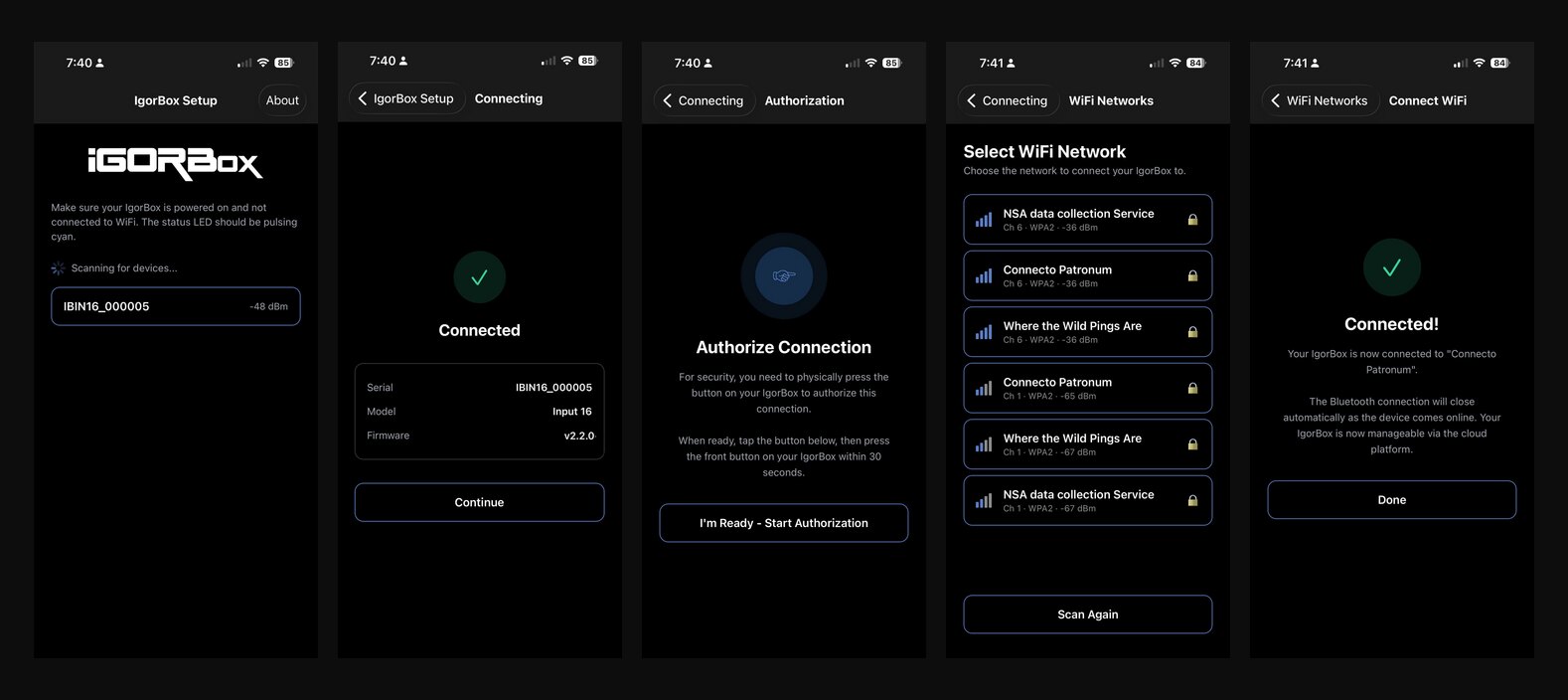 The IgorBox Connect setup flow, from finding a controller to joining WiFi